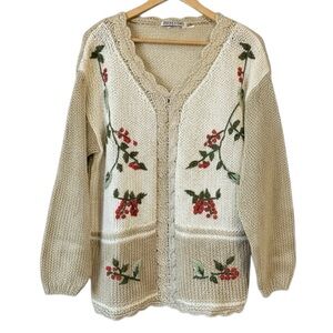 Vintage Handmade Knit floral scallop edge Sweater V neck XL